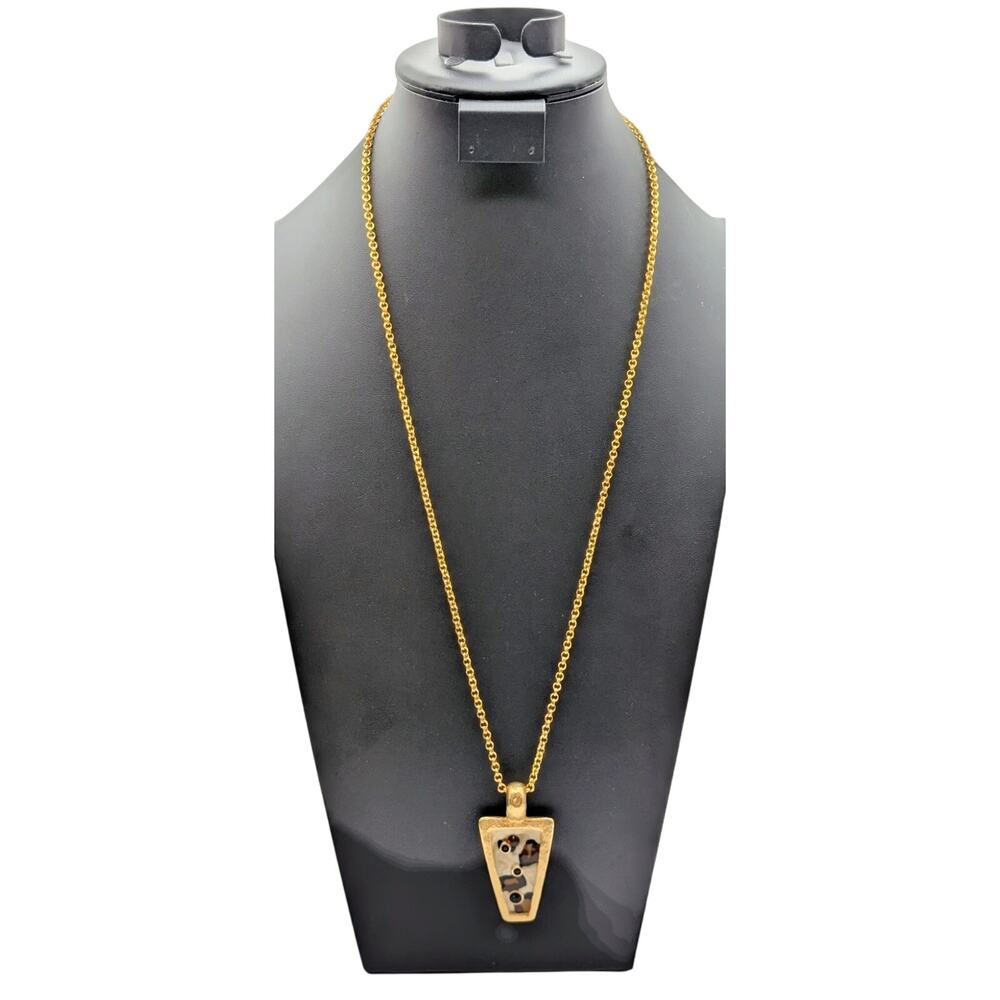 Hammered Gold Tone Animal Enamel Bezel Set Rhinestone Pendant 30" Necklace